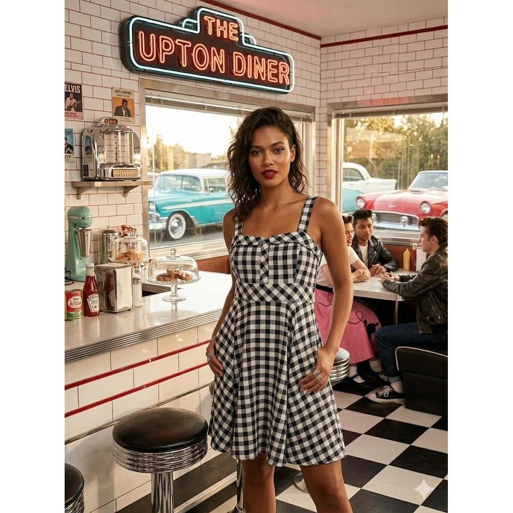 Dixxon Flannel Co Uptown Gingham Plaid Mini Dress Black White Skater XS